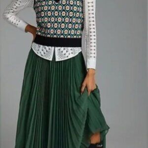 Anthropologie Pankaj and Nidhi Forest Green Pleated A-Line Skirt